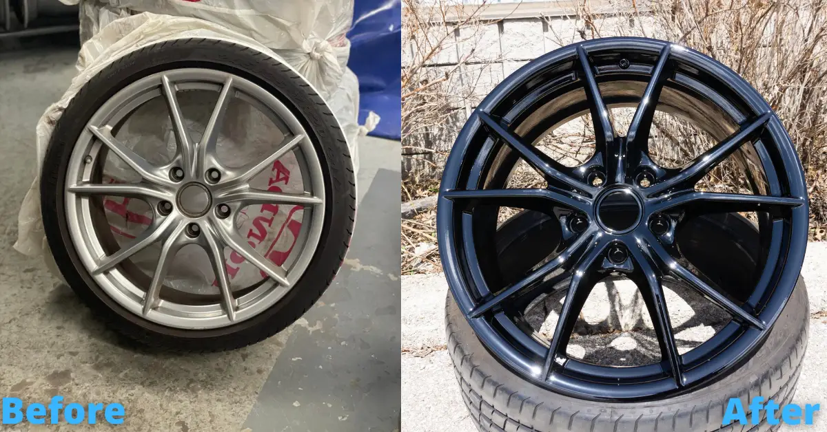 Porsche wheels before in a dull colour and after powder coating to gloss black 