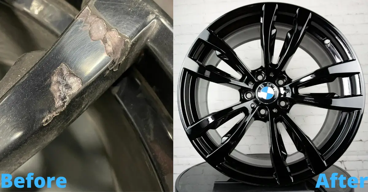 damaged bmw wheel before and after powder coating 